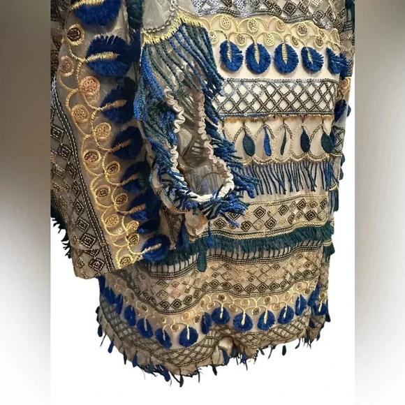 Alice + Olivia Mixed Media Boho Beaded Fringe Blouse size S - Picture 11 of 16